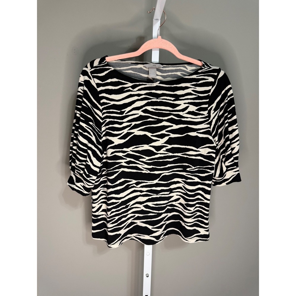 H&M Zebra Print‎ Blouse Black White Animal Print  M Mob Wife Y2K Office Core
